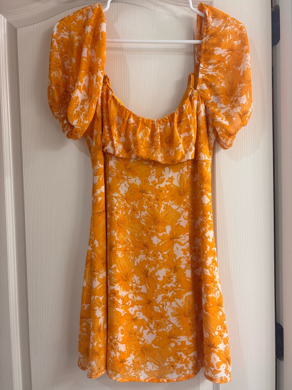 Puff Short Sleeve Floral Mini Dress- Orange (S)